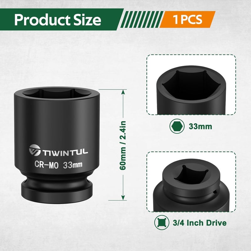 TIWINTUL 3/4 Inch Drive Metric Impact Socket 33mm, 6-Point Design, Heat-Treated Chrome Molybdenum Alloy Steel, Spindle Axle Nut Socket for Auto Repair, Easy Removal - Image 2